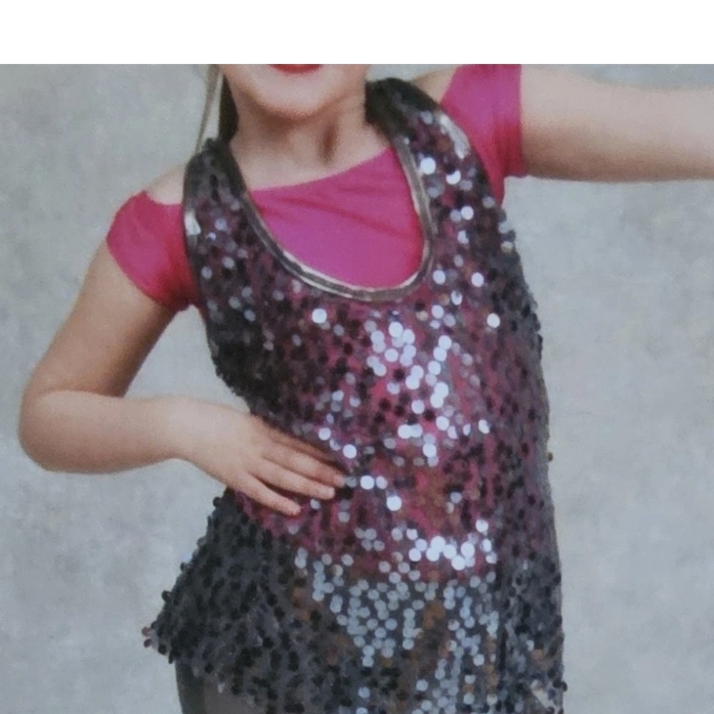 Tap, Jazz Dance Costume Top, Silver shimmer tank with Pink shirt, Medium child